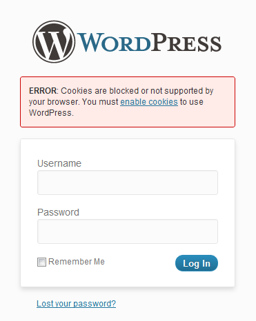 Cookies blocked in wordpress error message.